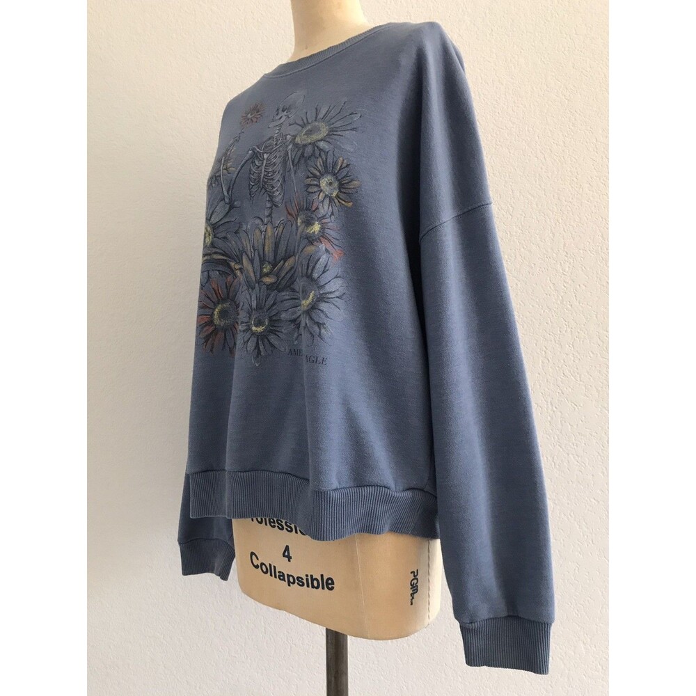 American Eagle Blue Cotton Skeleton Floral Graphic Sweatshirt Top Womens XL - Picture 3 of 8